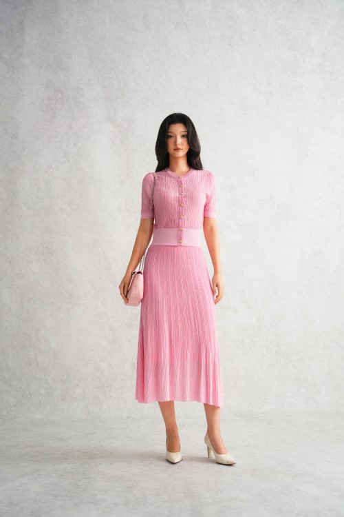 Sixdo Pink Button-up Knit Blouse & Skirt